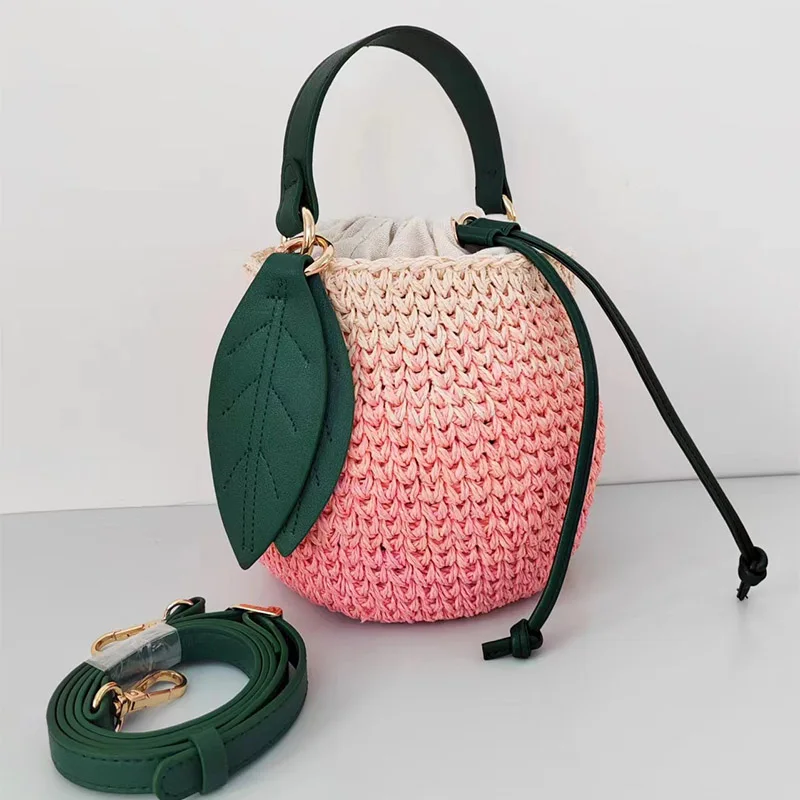 Cute versatile peach shape handwoven vegetable basket summer paper rope slope style peach bag ladies beach handheld fruit bag