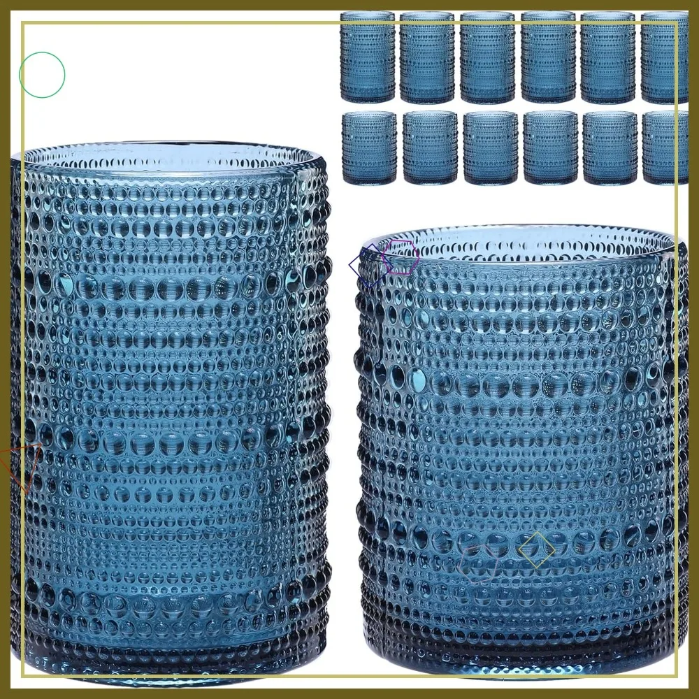 

Vintage Blue Hobnail Glassware Set of 12, 12oz & 15oz Embossed Tumblers for Drinks with Cleaning Brush