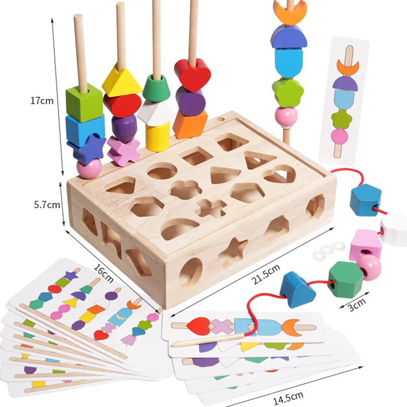 Montessori Colorful Beaded Color Shape Cognition Matching Puzzle Game Lacing Beads Wooden Toys Stacking Blocks Kids Fun Gifts