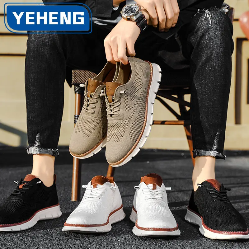 New Autumn Casual Knitted Mesh Men\'s Shoes Solid Shallow Lace Up Lightweight Soft Sneakers Shoes Breathable Man Footwear Flats