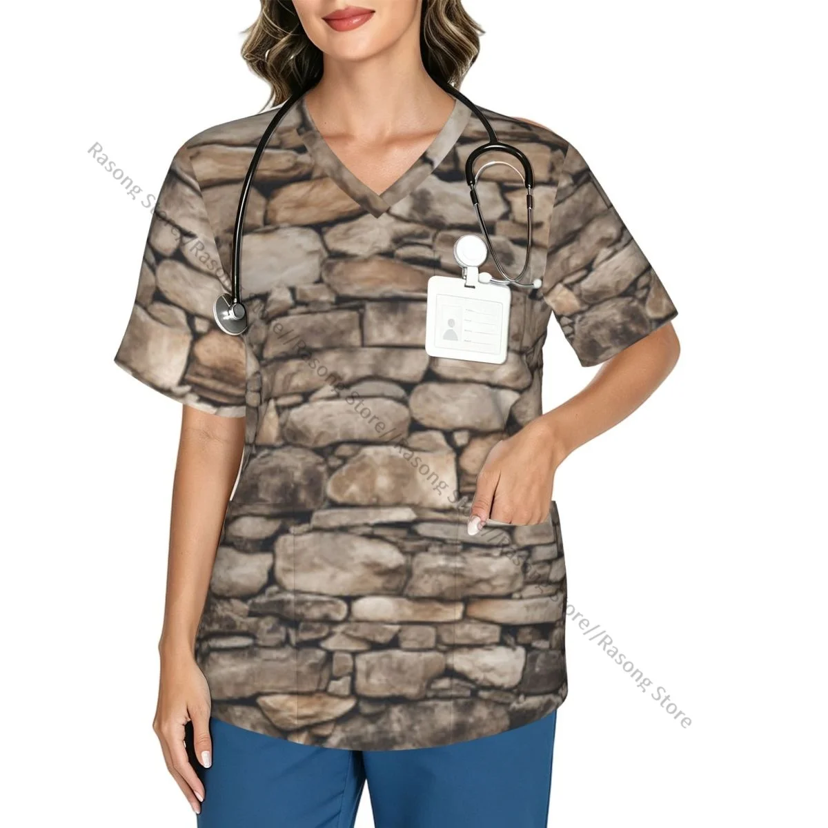 Women V Neck Scrub Top Brick Stone Wall Short Sleeve Nurse Hospital Uniforms Female Working Clothes with Pocket