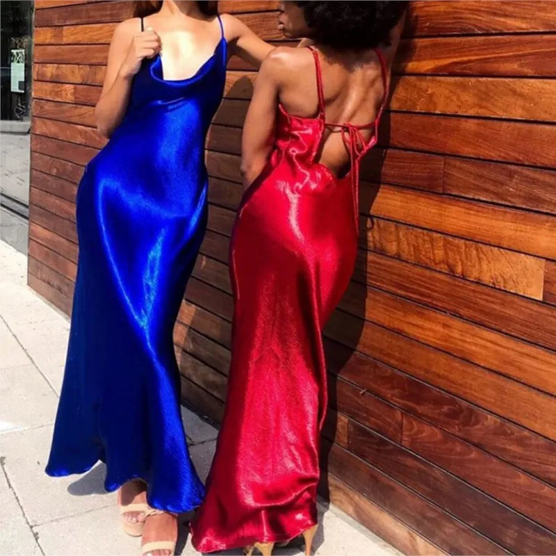 2023 Sexy Champagne Bodycon Club Wear Female Party Robe Summer Women Backless Satin Long Dress