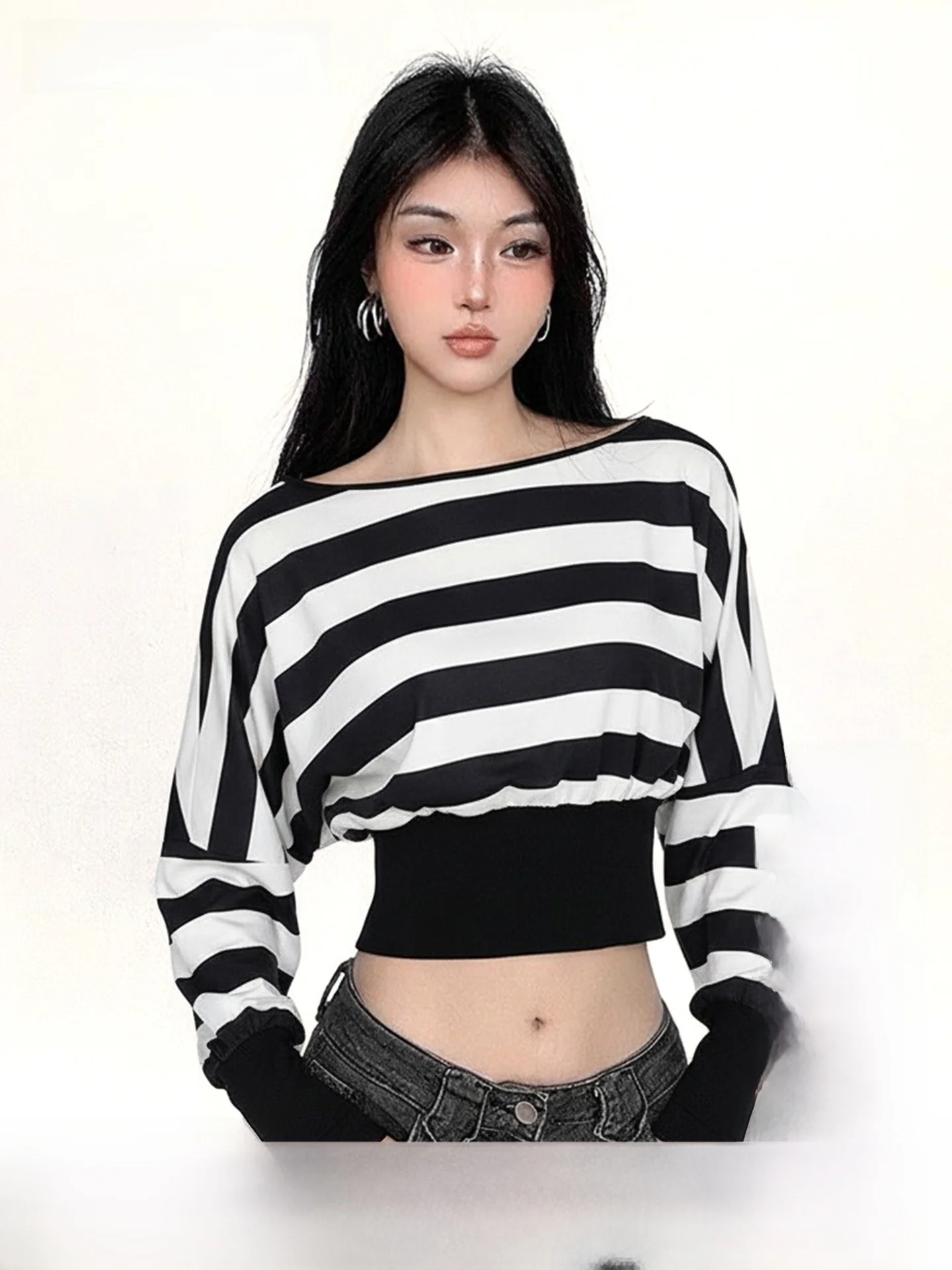 

Fff American Retro Bla White Stripes Косое плечо Талия Cinching Long Sve T irt Batwing Sve Топ на одно плечо