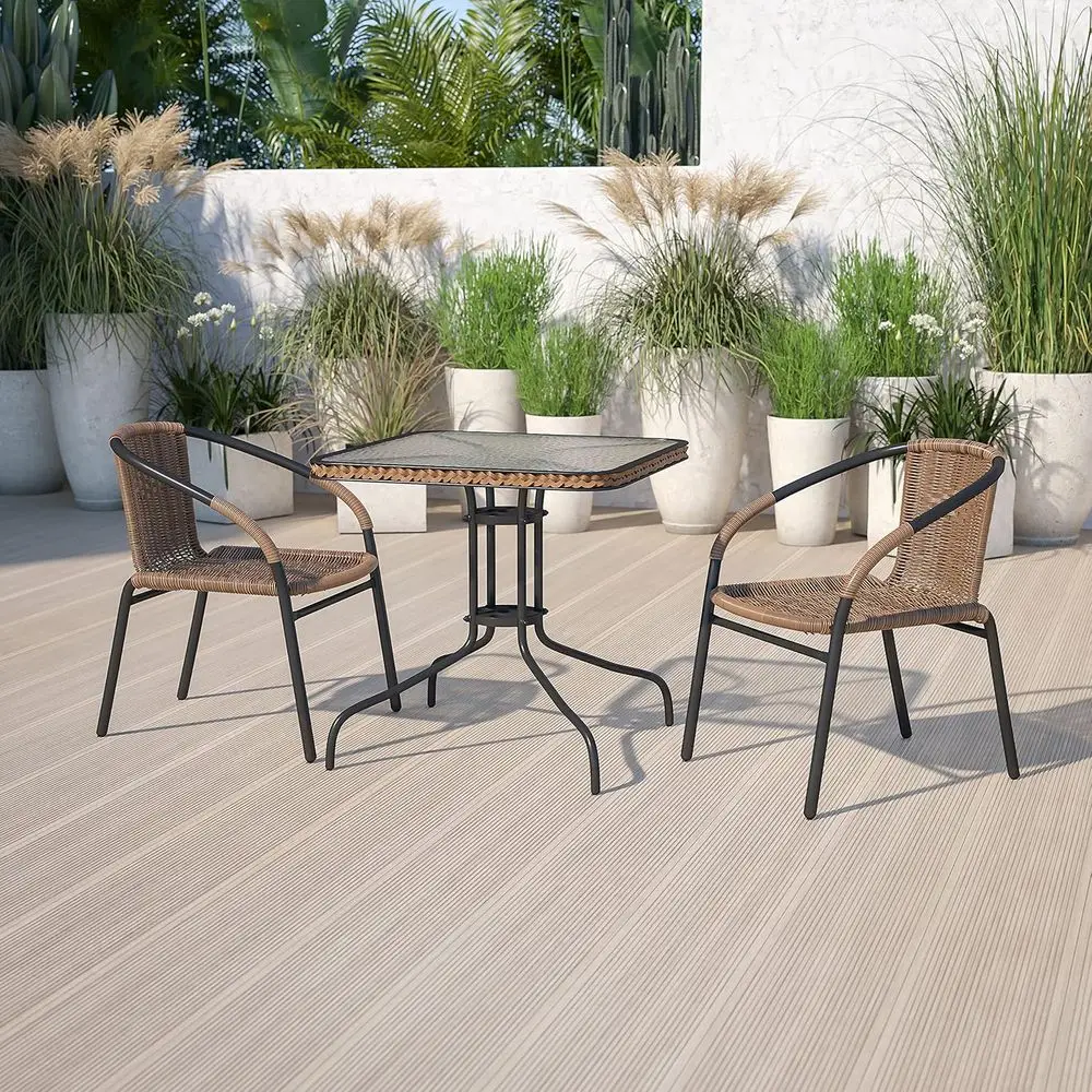 Lila 3-Piece 28 Square Outdoor Patio Table Set with Glass Metal Bistro Table and Stackable Rattan Chairs in Brown