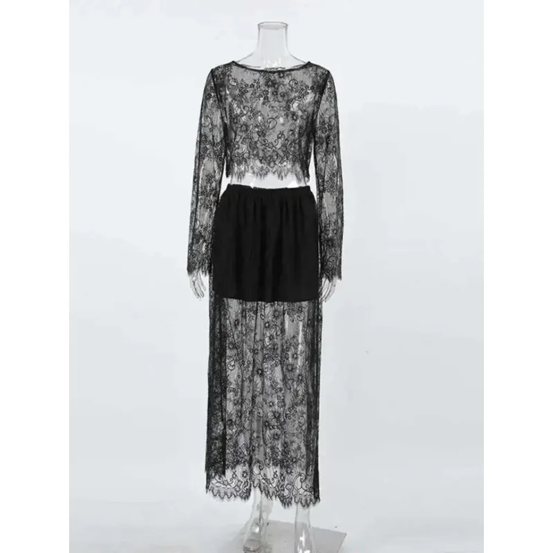 

Women's Fashion 2 Piece Set French Style Bore Hole Design Elegant Black Lace See-through Casual Set Fashion Spring Summer New