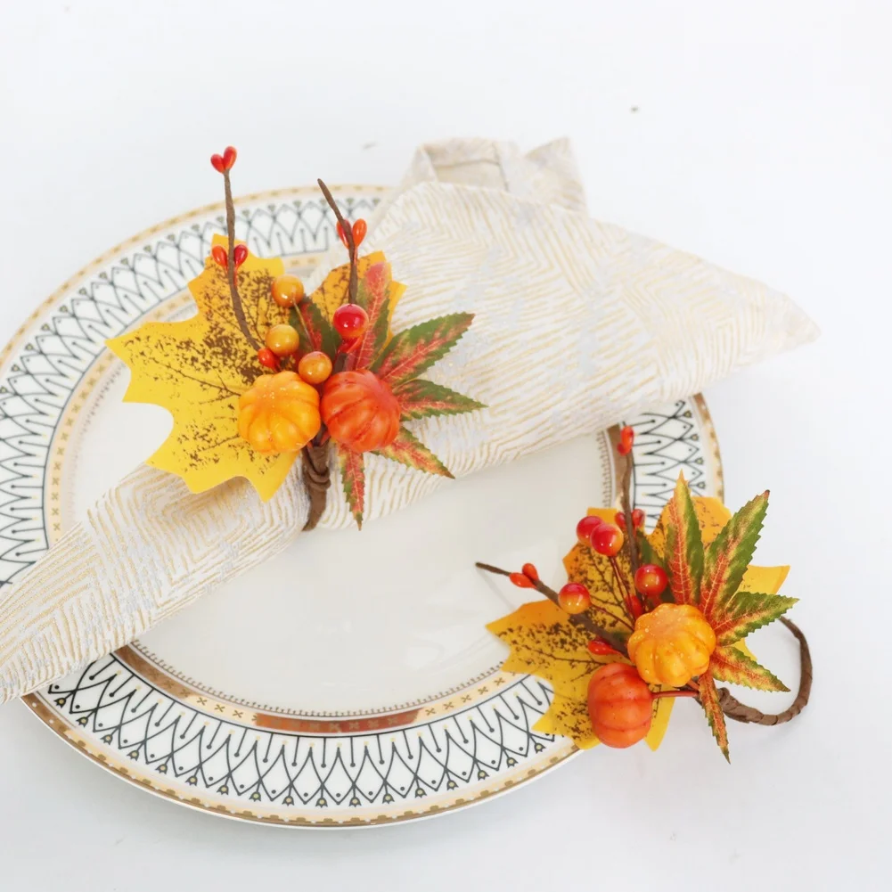 12Pcs Pumpkin Maple Leaf Napkin Rings Silk Foam Autumn Table Decor For Halloween Thanksgiving Party Home Dining Ornaments