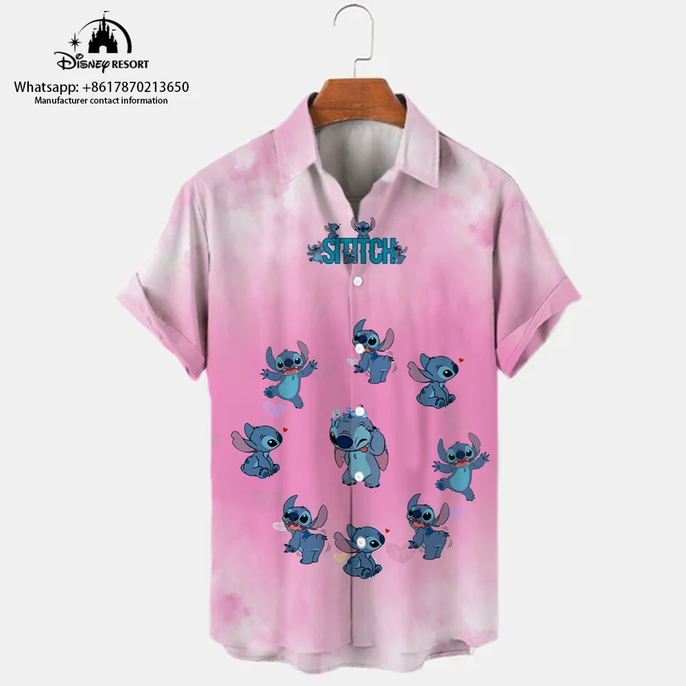 2024 Street Style Cartoon Stitch Print Men's Lapel Short Sleeve Single Breasted Shirt Casual Trendy All-match Tops y2k