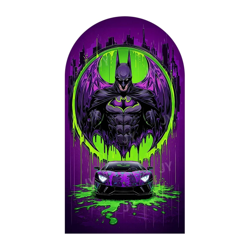 Batman Neon Cyber Theme Arch Backdrop Cover Purple Green Drip Cartoon Background For Kids Birthday Baby Shower Party Decoration - Image 3