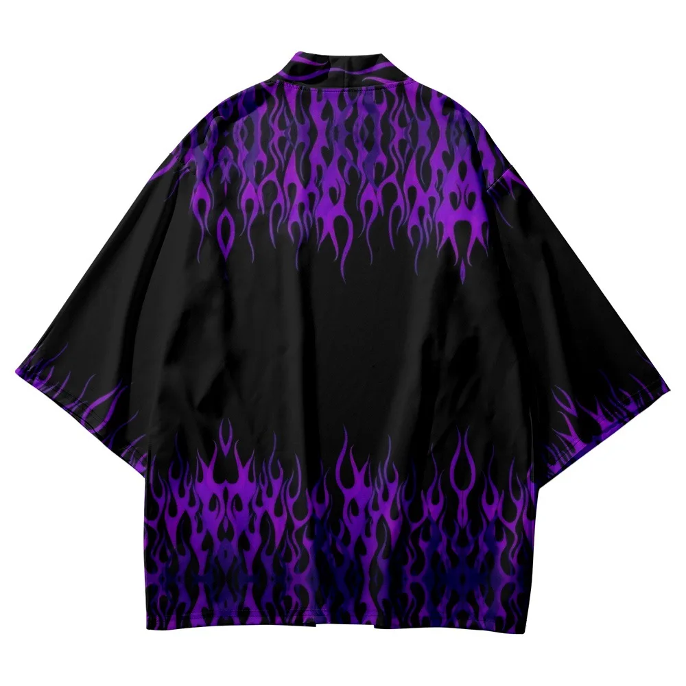 Fashion Casual Kimono Yukata Men Traditional Summer Beach Women Kimono Purple Flame Printed 3/4 Sleeve Shirt Haori