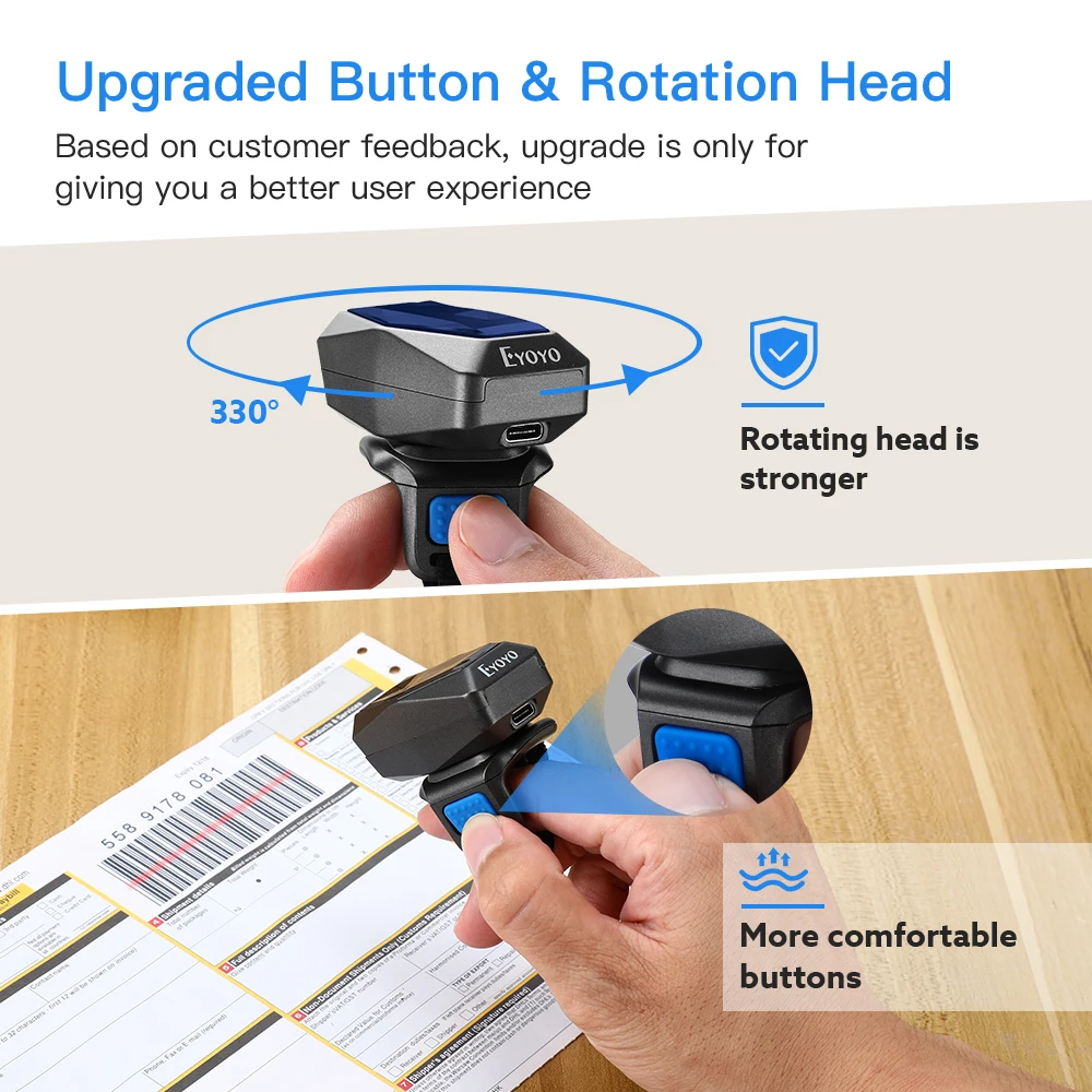 Eyoyo EY-016LP Mini 1D Laser Barcode Scanner Finger Wearable Auto-sense Scanning for Warehouse. Wireless UPC/EAN Code Reader