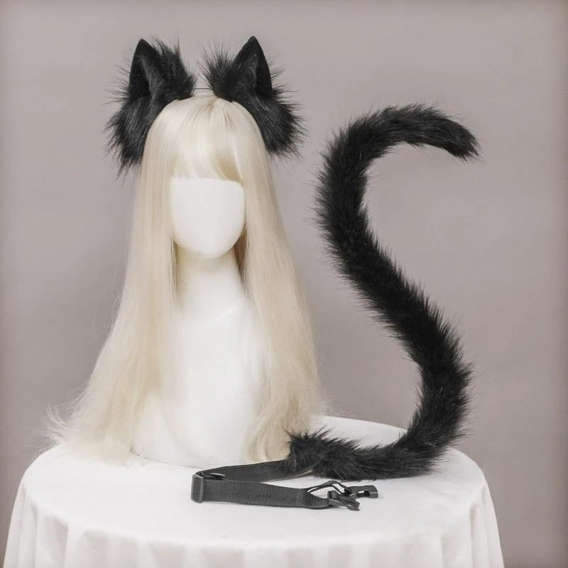 Fox Ear Headband and Long Tail Set Faux Fur Lolita Animation Cosplay Halloween Costume Headwear Accessories for Girls Women