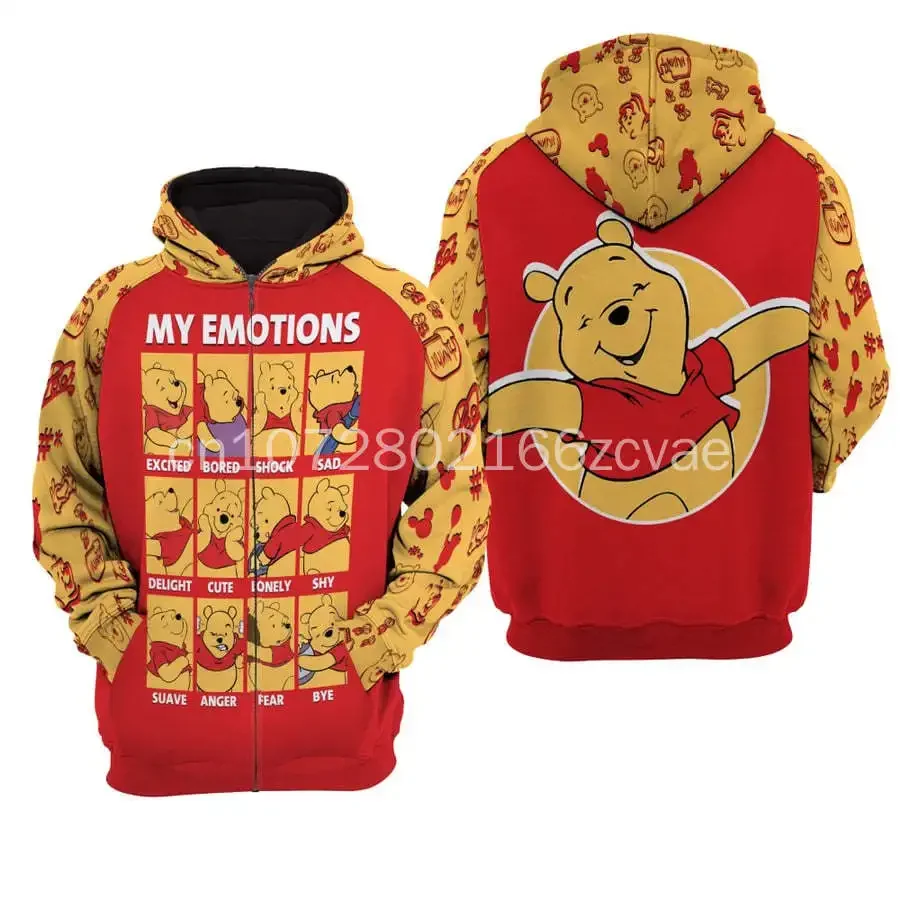 2024 New Disney 3D Hoodie Winnie The Pooh Cartoon Anime Men's and Women's Oversize Zipper Hoodie Fashion Sweatshirt