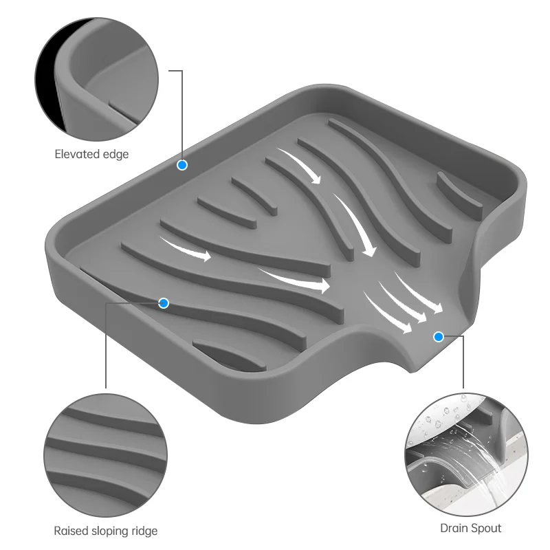 Almohadilla de drenaje de grifo de silicona, bandeja de fregadero antideslizante para cocina y baño, estante de esponja para encimera, caja de jabón de drenaje inclinable, bandeja de jabón para mesa de lavado