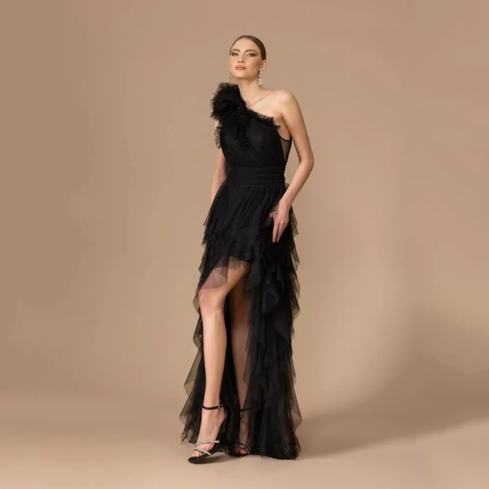 

Dream Black Classic Evening Dress Tulle for Floor-Length One-Shoulder Prom Dress High-Low Tiered Vestidos De Fiesta Customized