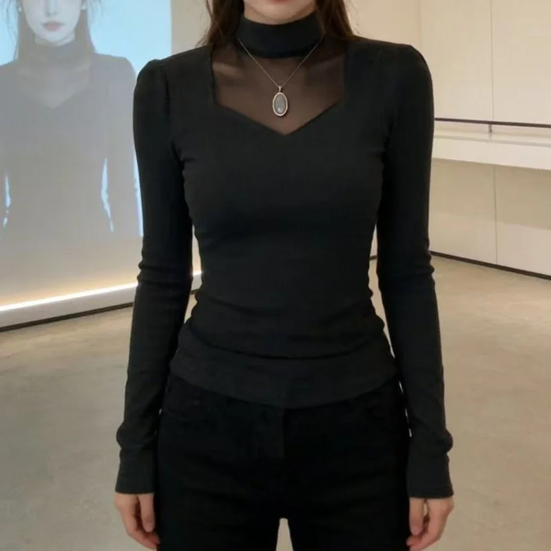 Damen Frühling Halbhoher Kragen Langarm T-Shirt mit Netzstoff-Einsätzen, Schwarzes Elegantes Transparentes Oberteil – Detail 3