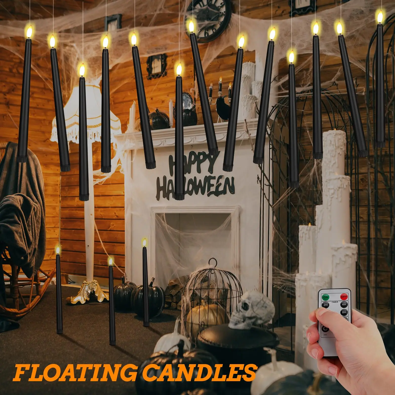 11 cali/28cm Halloween pływające świece z magiczną różdżką LED latające świece migoczące ciepłe bezpłomieniowe świece zdalne świece stożkowe