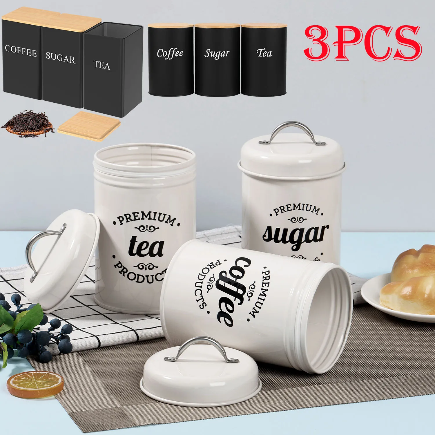 3Pcs Organizer na ziarna kawy Zestaw kanistrów na herbatę i cukier z pokrywką Metalowe puszki do przechowywania żywności do przechowywania materiałów kuchennych