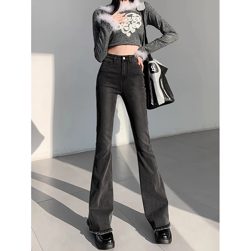 Black Gray High-Waisted Raw Bootcut Jeans, Women's Spring and Autumn New Stretch Slim Drape Pants Tide