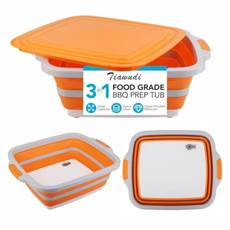 

Large Collapsible BBQ Prep Tub with Lid 4.22 Gal/16L , Foldable Camping Sink with Colander, Cutting Board, Dish Basin for Kitch