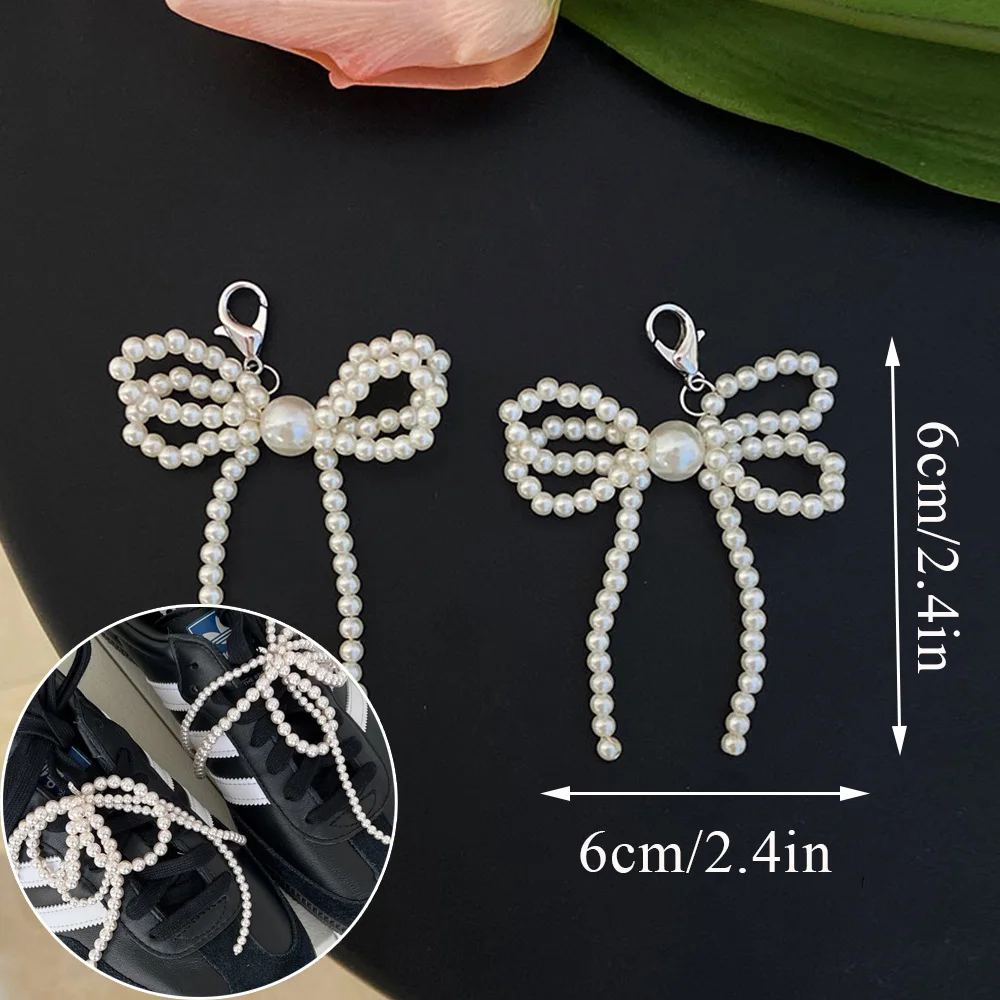 1Pair Pearl Bead Bowknot Charm Shoe Buckle Accessories DIY Earring Keychain Bag Pendant Bow Shoelace Chain Decoration Handmade