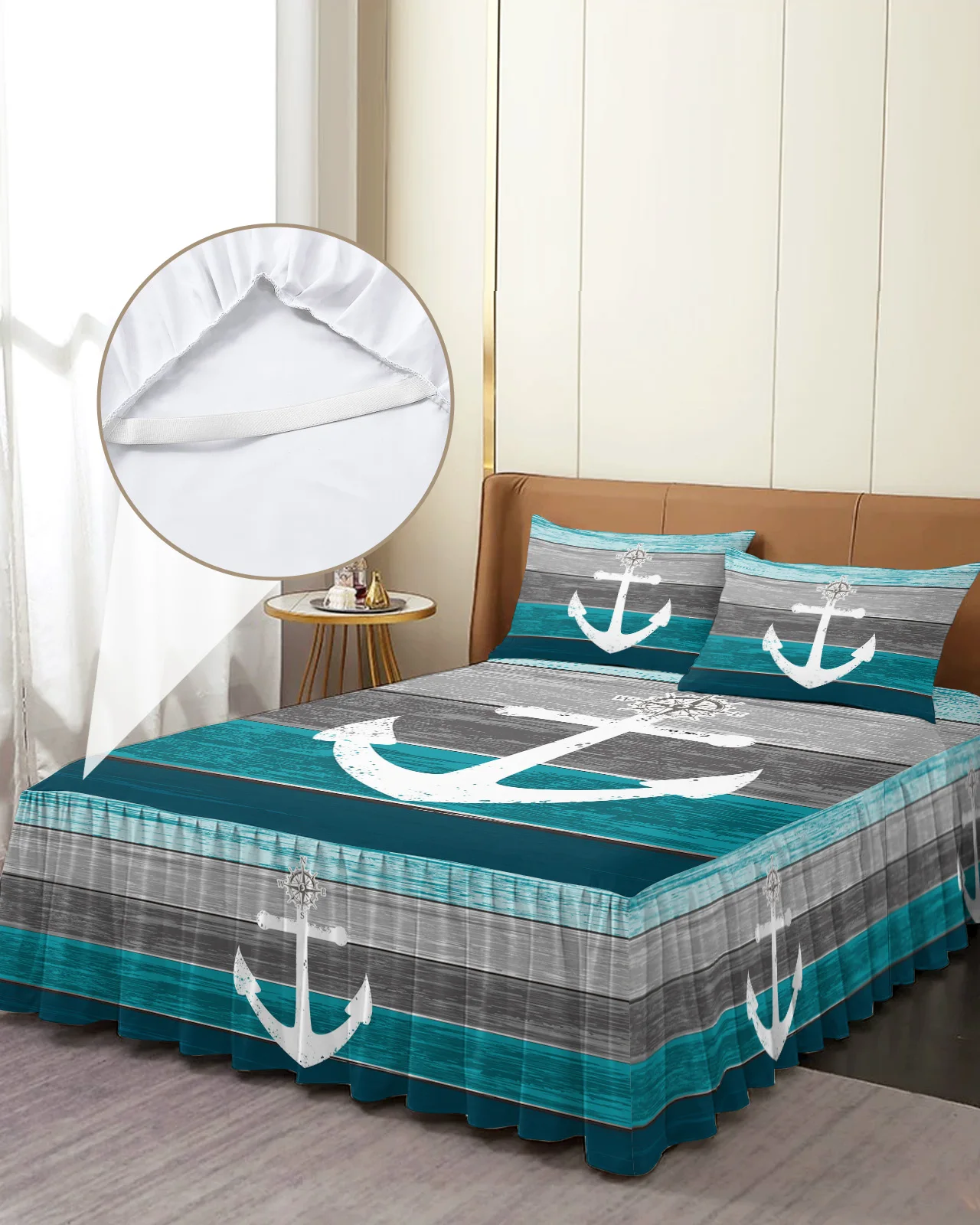 Vintage Farm Barn Wood Grain Boat Anchor Bed Skirt Fitted Bedspread With Pillowcases Mattress Cover Bedding Set Bed Sheet