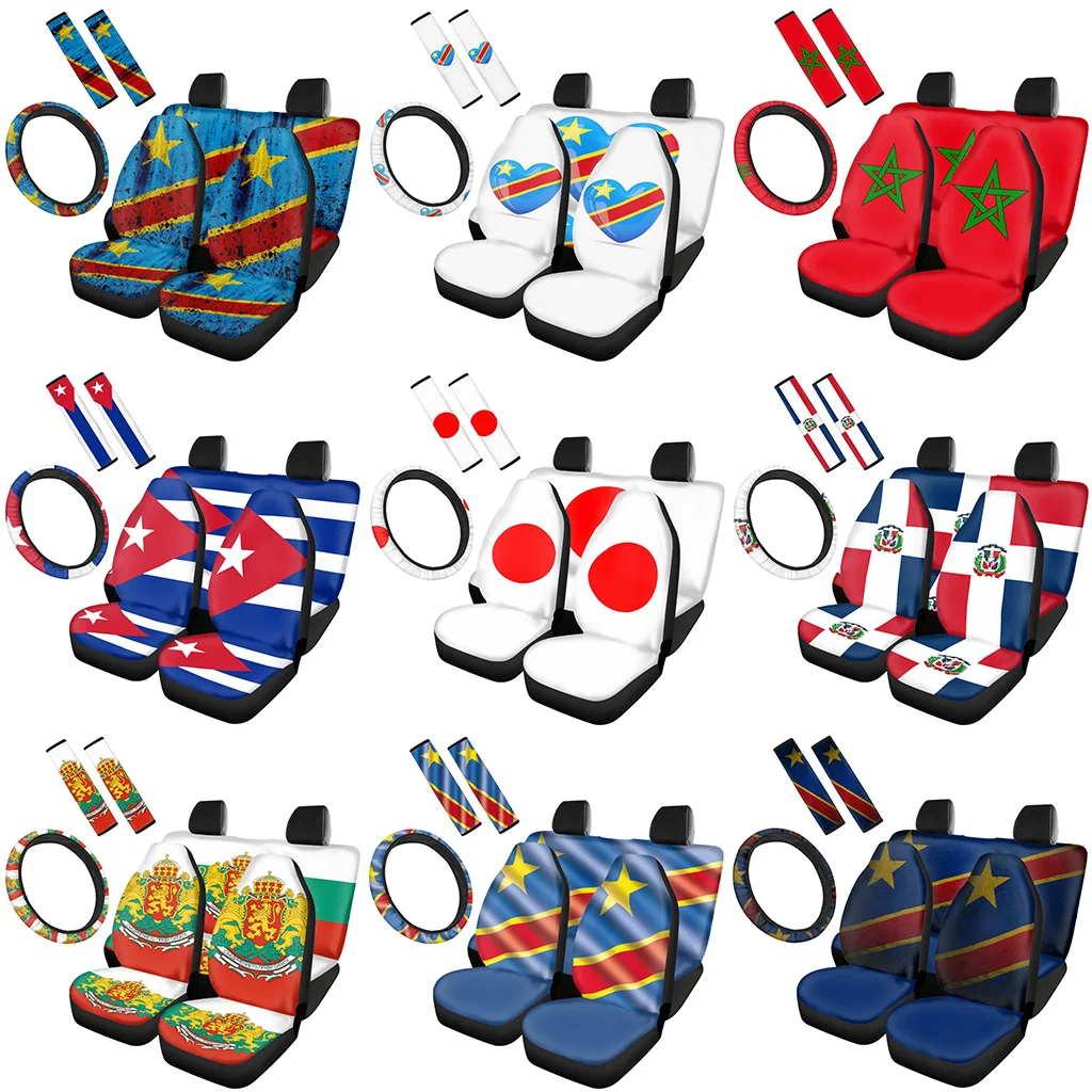 

Dominican Republic Flag Print Car Interior Seat Covers Leopard Steering Wheel Protection Seat Belt Sets Covers Car Accessories