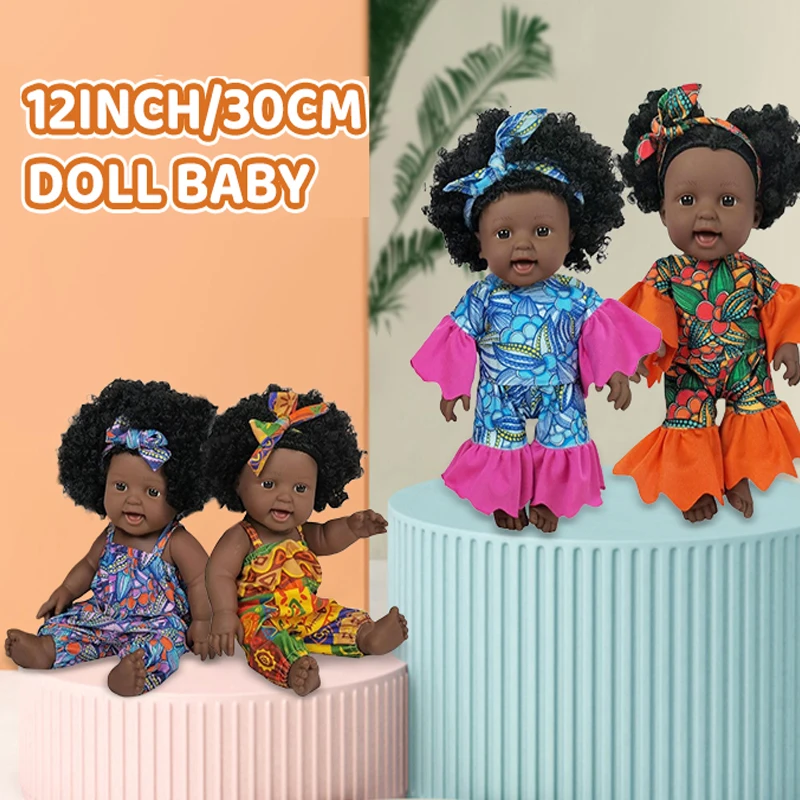ตุ๊กตาเด็กทารกขนาดเล็ก 30 ซม. 12 นิ้ว ทำจากไวนิล ผิวสีดำเข้ม พร้อมผมเหมือนจริง สำหรับเด็กผู้หญิง