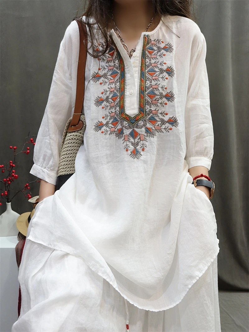 Chinesischen Stil Vintage Bestickt Hemd Frauen Sommer Neue Lose Split Weibliche Lange Tops Mode Dünne Frauen Bluse