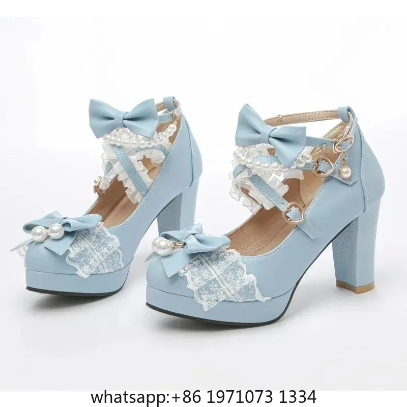 Cross Strap Women High Heels Mary Jane Pumps Party Wedding Cosplay White Pink Black Strawberry Bow Princess 2025 Lolita Shoes
