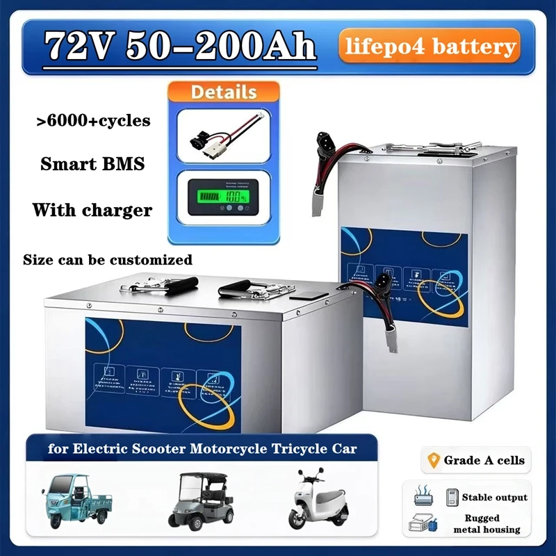 Lifepo4 Lithium Battery 72V 50Ah-100Ah High Capacity Rechargeable for Electric Scooter Motorcycle Tricycle Car - Eco-Friendly