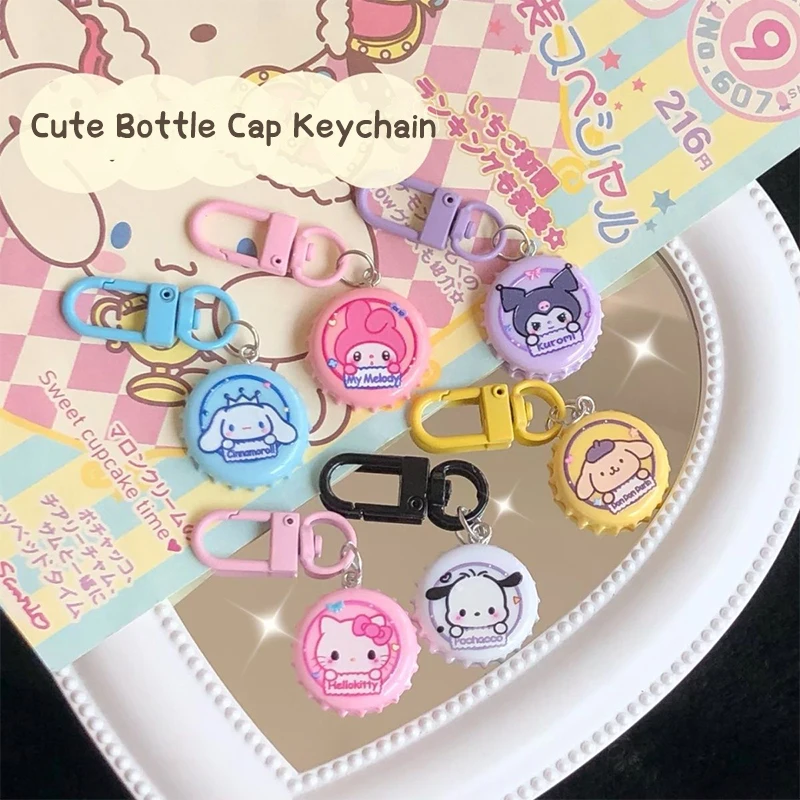 Kawaii Sanrio Kittty Kuromi Cinnamoroll My Melody Purin Pocha Creativity Bottlecap Keychains Backpack Pendant Kids Birthday Gift