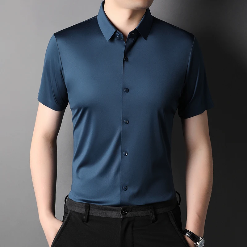 MLSHP High Elasticity Summer Men\'s Shirts Luxury Short Sleeve Solid Color Seamless Business Casual Male Dress Shirts 4XL