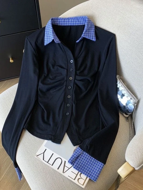 Retro lavorato a maglia lungo Sve irt Patchwork casual da donna Colletto rovesciato Primavera Autunno Faionable Ele Top piegato