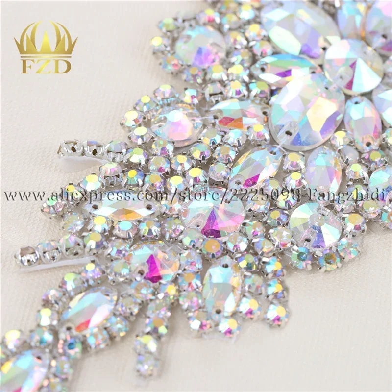 FZD 1 PC AB Sliver Crystal Rhinestone Applique Welding Flower Patch Sew on Wedding Dress Sleeves Accessories Rhinestone Applique