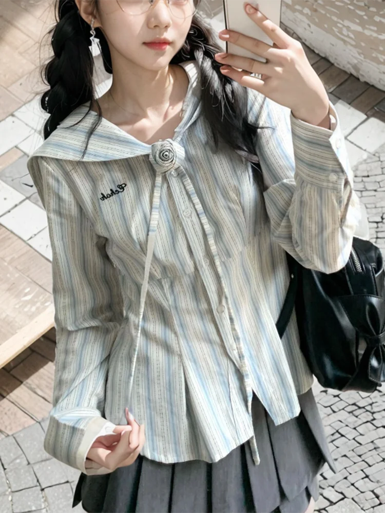 Zoki Striped Sailor Collar Shirts Women Korean Slim Long Sleeve 3D Floral Blouse Preppy Style Casual Retro Letter Embroidery Top