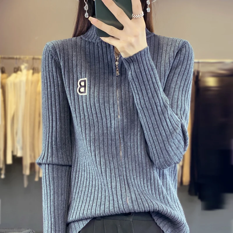 Autumn Winter Women Merino Wool Sweater Mock Neck Cardigan Slim Knitted Tops New Outerwear Clothing Double Zipper Warm Jacket