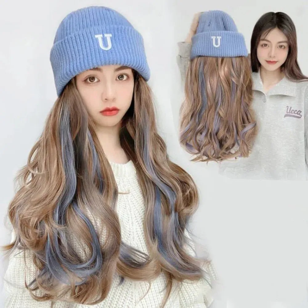 Synthetic 45cm Haze Blue Gradient Highlight Long Curly Hair Hat Integrated Women's Wig Fluffy Natural Fashion Women's Wig