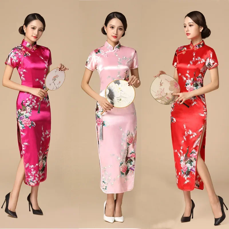

Women Satin Cheongsam Chinese Traditional Mandarin Collar Evening Party Dress Print Peacock Sexy Split Qipao Vestidso