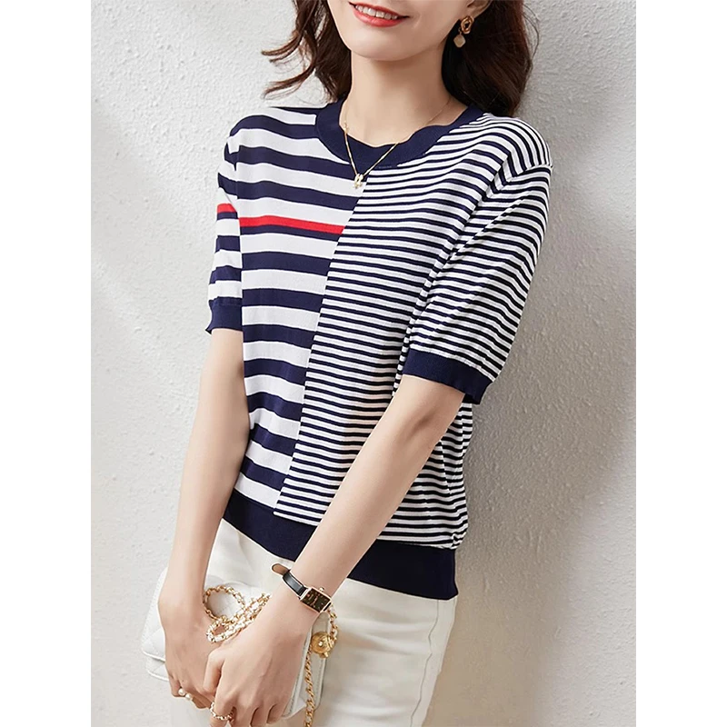 Summer New Color Contrast Short sleeved T-shirt Women\'s Garden Neck Irregular Stripe Knitted Shirt Women\'s Top 9020