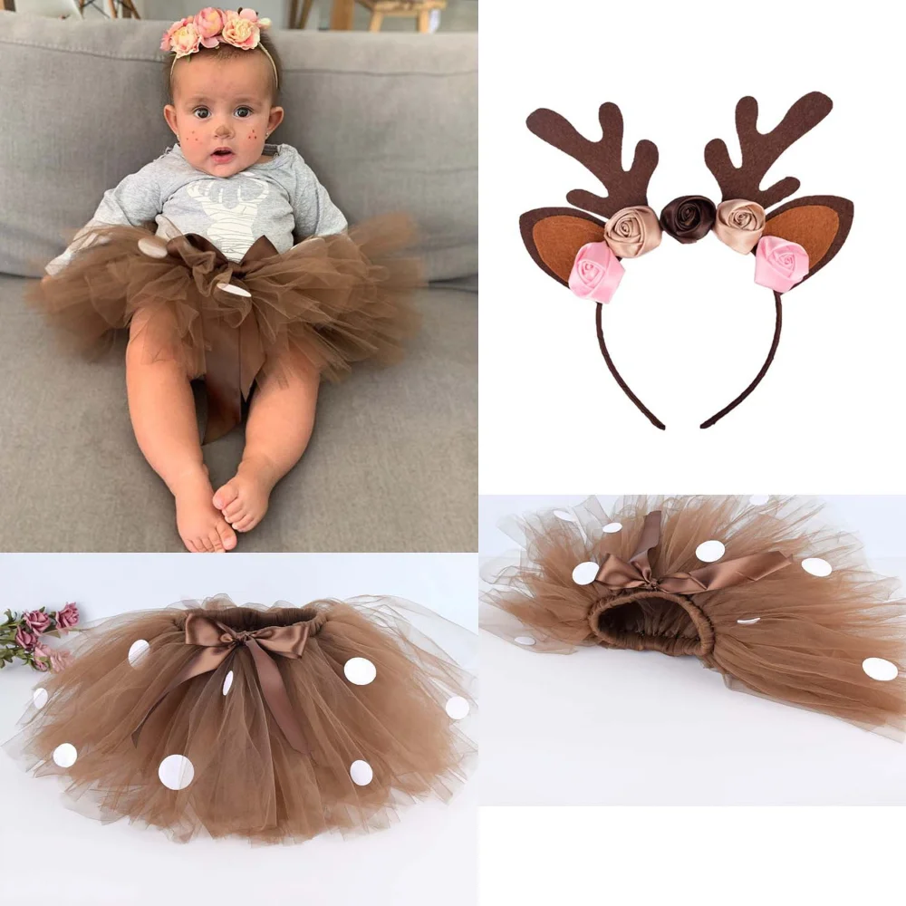 Girl Tutu Skirt Fluffy Brown Deer Christmas Costume Kids Reindeer Tulle Skirt for Halloween Carnival Children Outfit Holiday