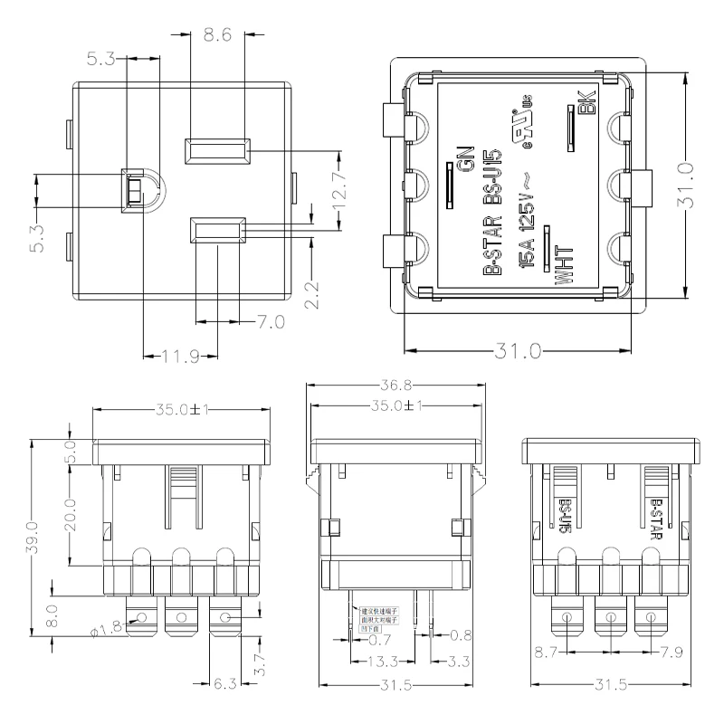 15A USA American Standard 3 Pins Power Socket Power Plug Panel Mount Type Connectors Adapter for PDU Female Power Socket