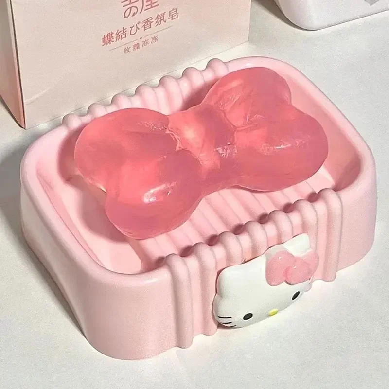 Bandeja de jabón Kawaii de Hello Kitty, jabonera con melodía de dibujos animados Sanrio, drenaje antideslizante, caja de jabón para el baño y el hogar, accesorios de baño