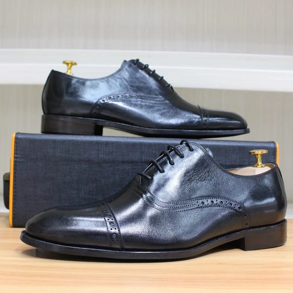 Men's Genuine Leather Oxfords Handmade Cap Toe Dress Shoes Lace-Up Formal Wedding Shoes Business Office Male Footwear