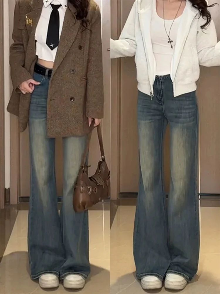 

Женские джинсы-клеш с высокой талией, эластичные, выцветшие, в американском стиле, повседневные, износостойкие, для фигуры типа «груша», прямые, облегающие