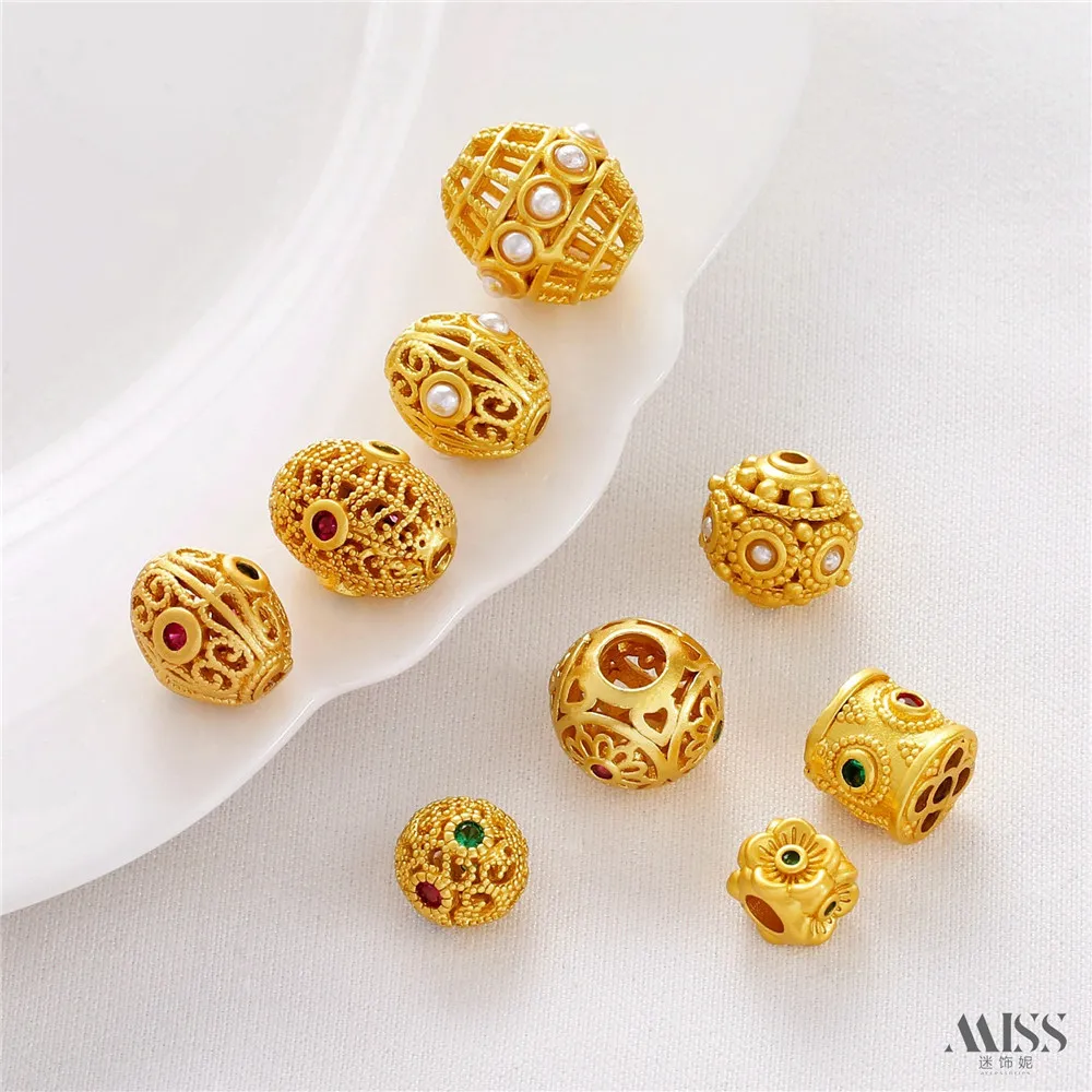 18K Matte Gold Color Oval Fancy Hollowed-out Diamond Bead Spacer Bead Loose Bead DIY Bracelet Necklace String Accessories