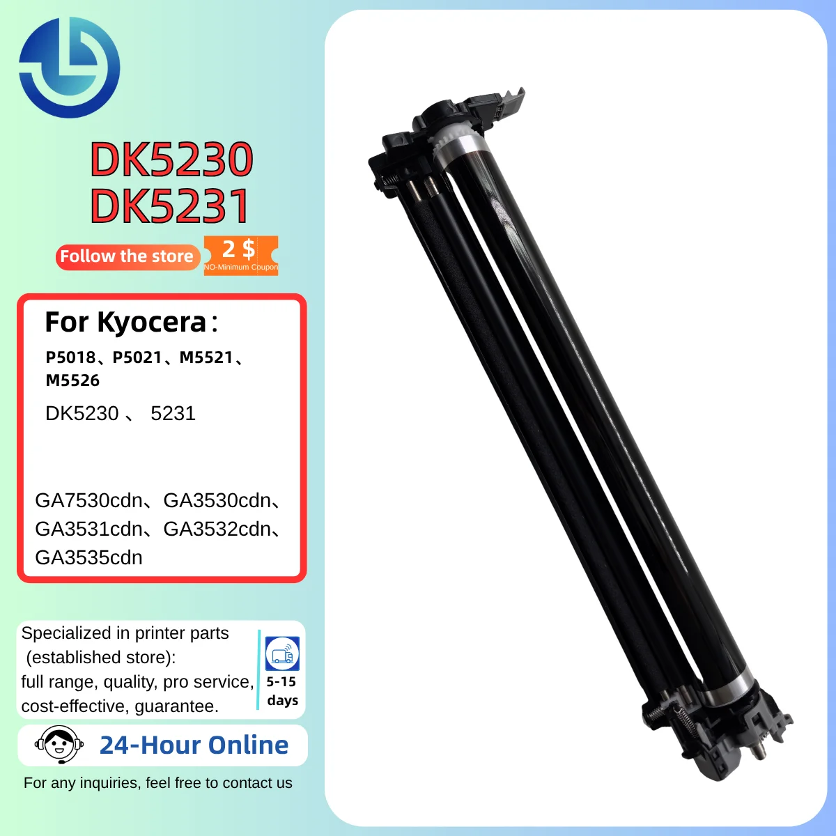 

DK5230 Drum Unit for Kyocera P5018 P5021 M5526 GA7530cdn GA3530cdn GA3535cdn - Black Photoconductor Printer Part