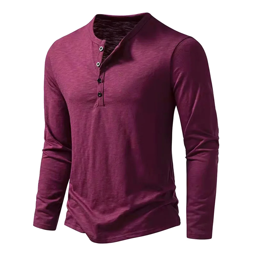 Herbst Neue männer Baumwolle Taste Langarm Henley Neck T-Shirt Casual Einfarbig Atmungsaktive Vielseitige Mode Dünne T-Shirts – Detail 9