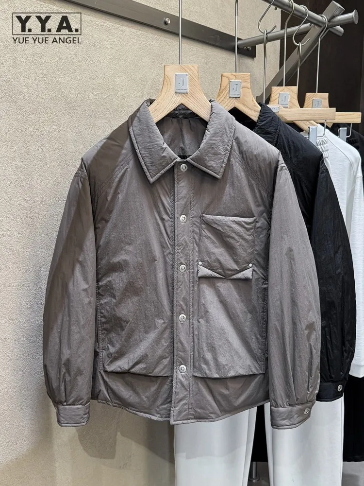 Winter Mens Solid Color Down Coat Turn Down Collar Covered Button Loose Warm Casual Outerwear Fashion Long Sleeves Male Jacket