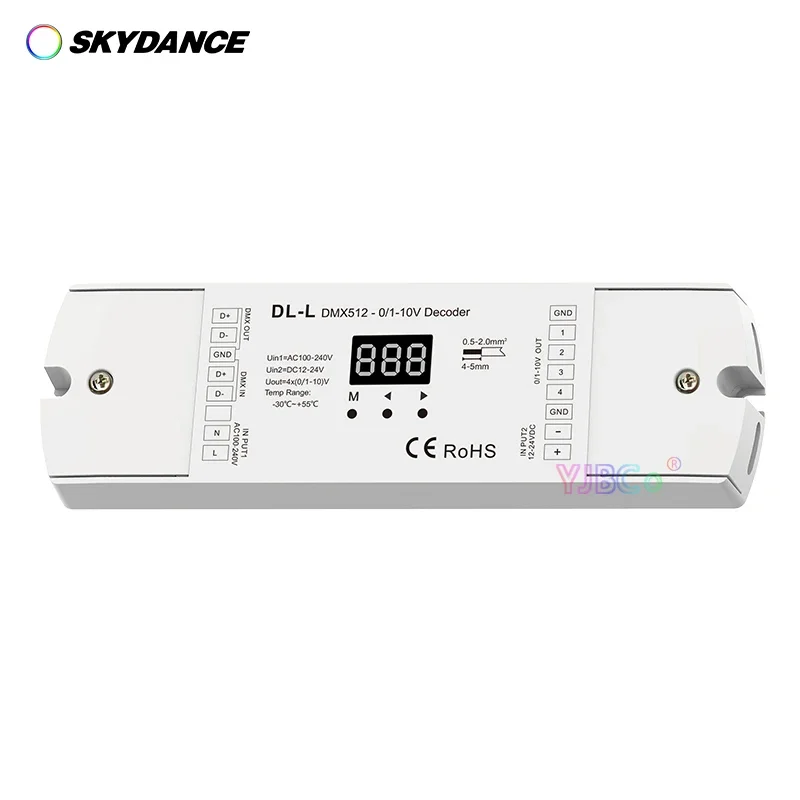 

Skydance 1-10V 4 Channel DMX512 to 0-10V Converter;12V-24VDC / 100-240VAC Input;4CH DMX RDM Numeric Display Signal Decoder DL-L