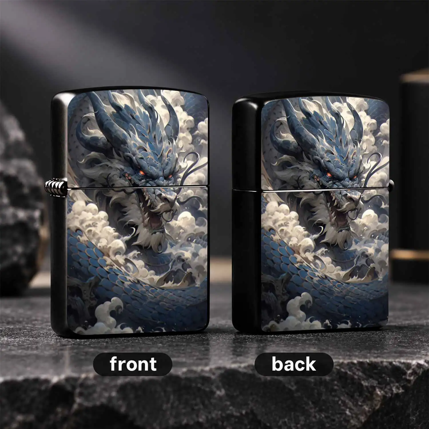 Vintage Eastern Style Azure Dragon Relief Lighter, Durable Full Sturdy Body Traditional Oriental Auspicious Cloud Sea Wave Pattern, Exquisite Collectible Art Craft, Unique Creative Gift for Father Boyfriend for Birthday Festival Daily Use